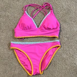 Hula Honey pink w/ blue & yellow stitching bikini set size medium